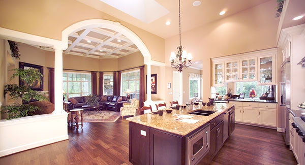 kitchen and great room share a large open floor plan