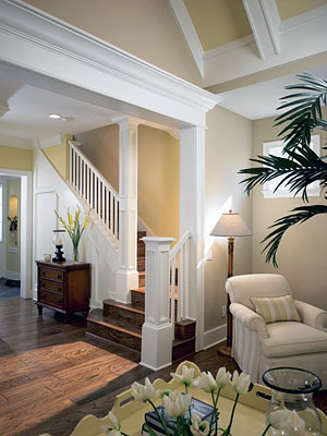interior millwork, including door casings, column surrounds, baseboards, decorative beams and crown moulding