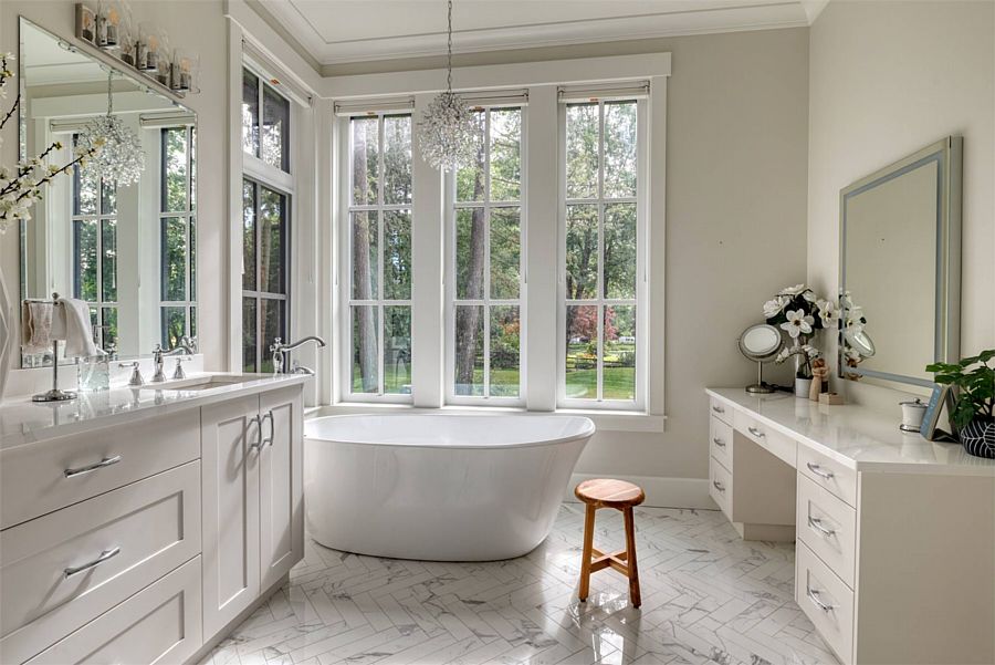 The Primary Bathroom in a Luxurious Craftsman with a Main-Level Suite with Tons of Windows