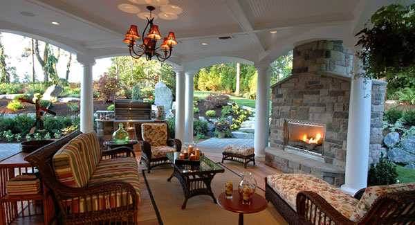 outdoor living room with fireplace