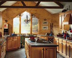 high ceilings featuring rustic log and timber beams and millwork