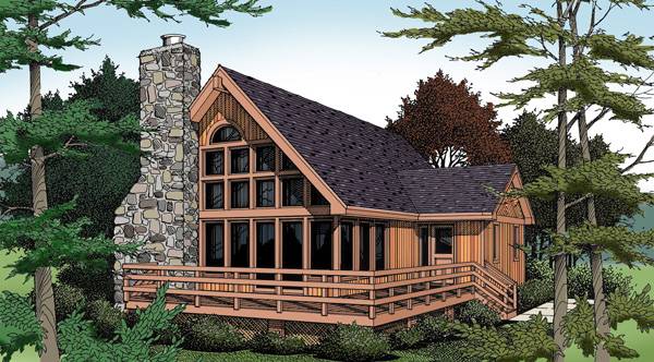 a small mountain house plan with a corner of windows