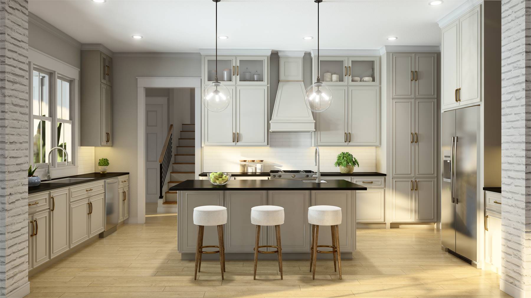 modern farmhouse kitchen with an island eating bar