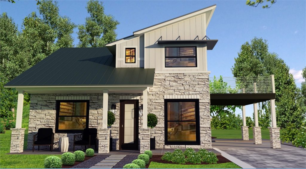 a compact modern home with a rectangular footprint perfect for first-time home builders and dramatic angled rooflines