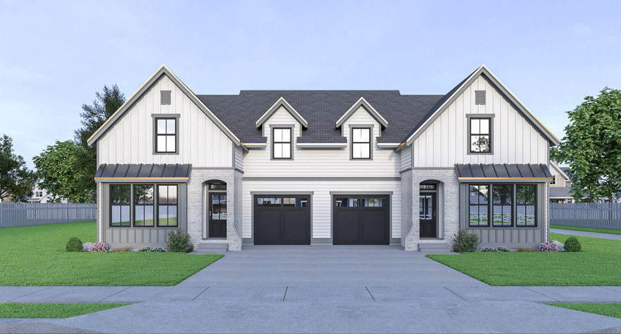 a unique energy-efficient duplex with a drive-through garage separating the units