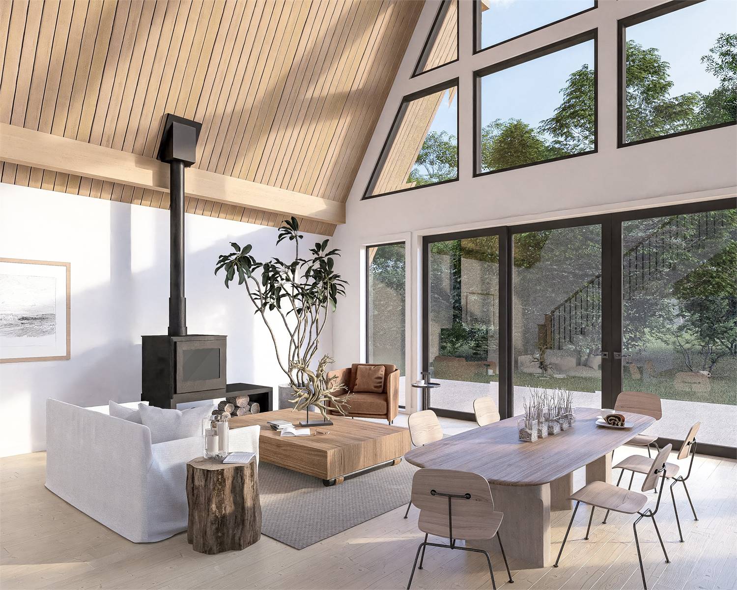 the great room with floor-to-ceiling windows in a vacation home