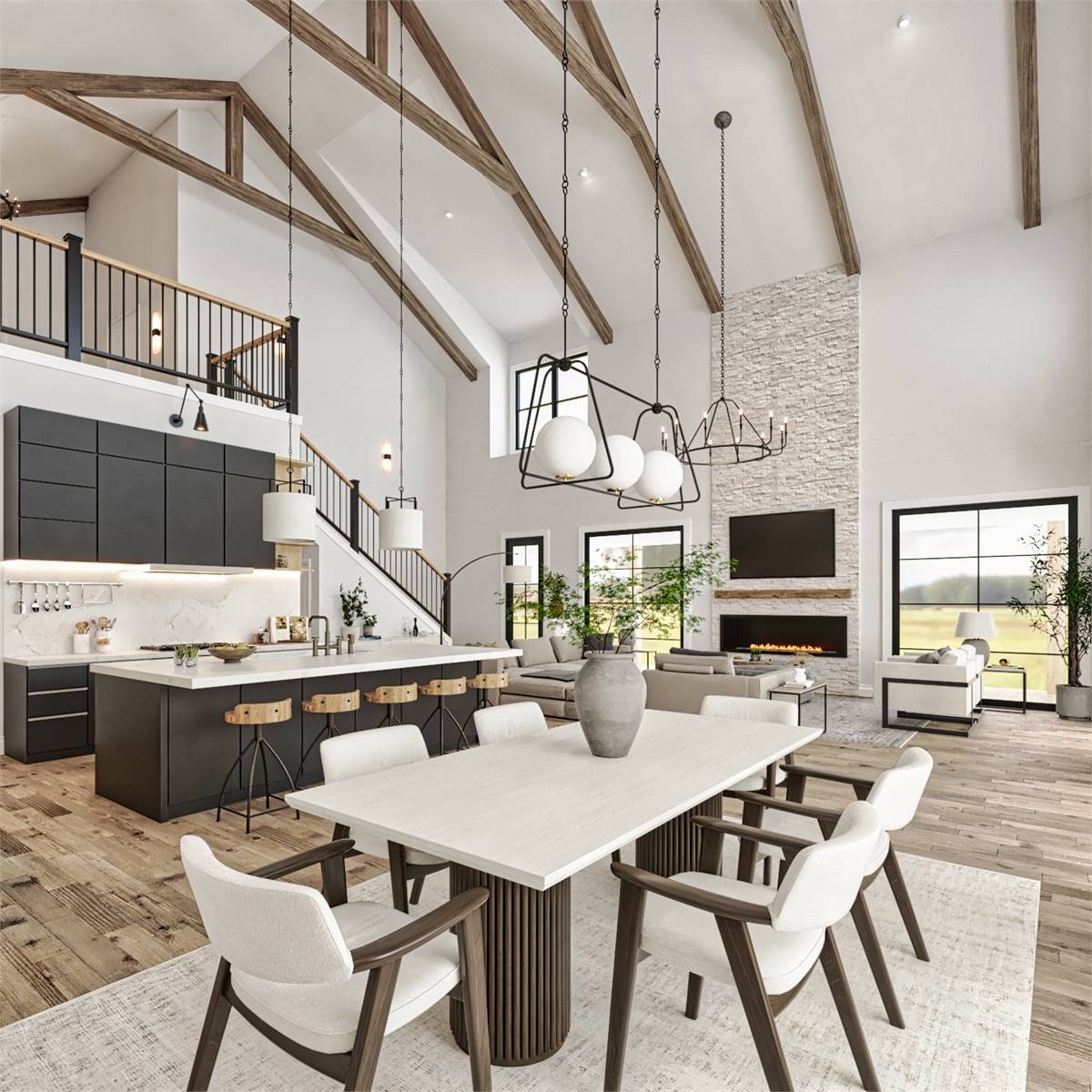 cozy house plans can have modern appeal like this open-concept and two-story living space with beams above in a bardo