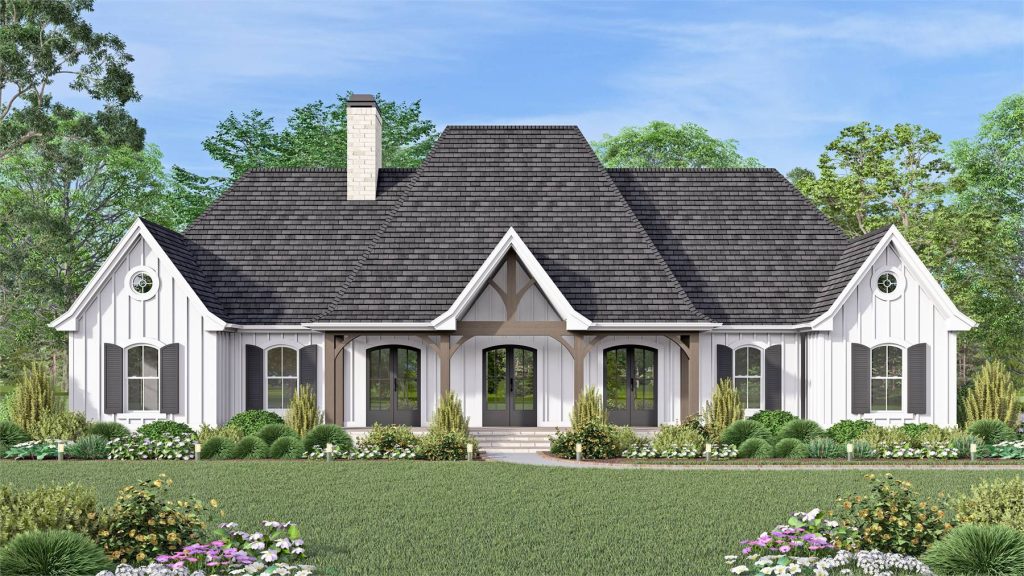 a split bedroom house plan with French country ranch style
