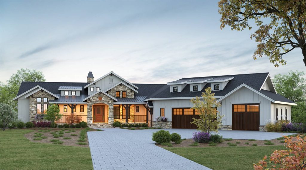 a mountain-style luxury house plan with outdoor living spaces off the main level and basement