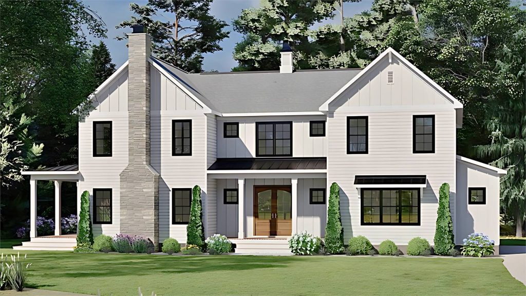a large farmhouse with four bedrooms upstairs and a side-entry garage