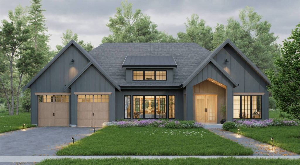 what to look for in a house plan depends on your needs, but this gorgeous midsize transitional design is sure to check the boxes for many families