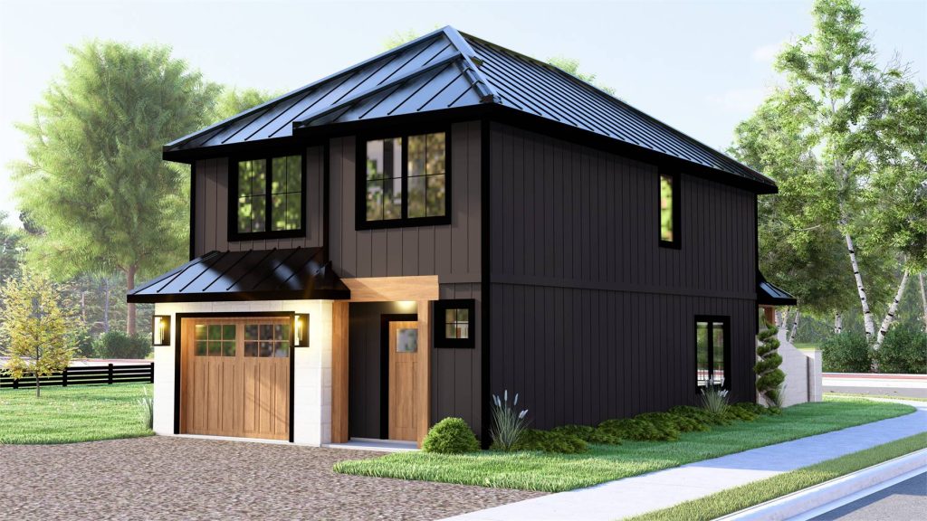 a two-story modern home with a small, simple shape and great accommodations for a family