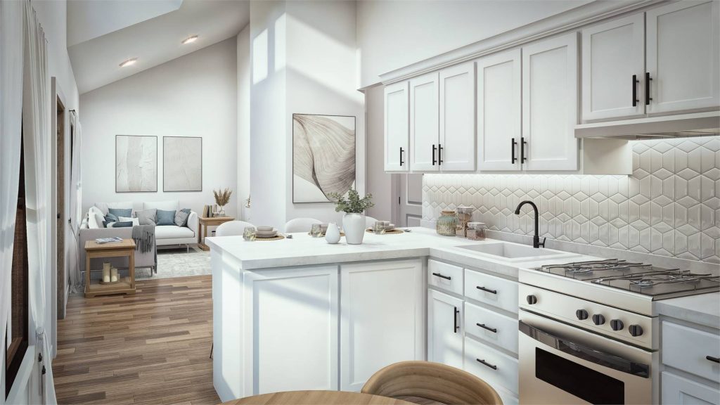 the vaulted interior of a cute cottage