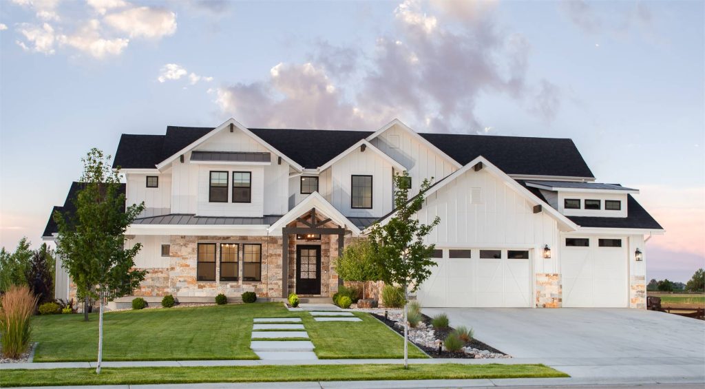 a luxury modern farmhouse with a two-story layout and a basement option