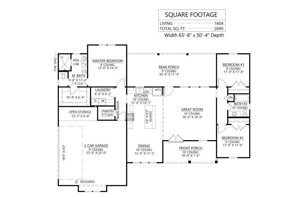 the floor plan of a farmhouse ranch with open living, split bedrooms, and a side-entry garage
