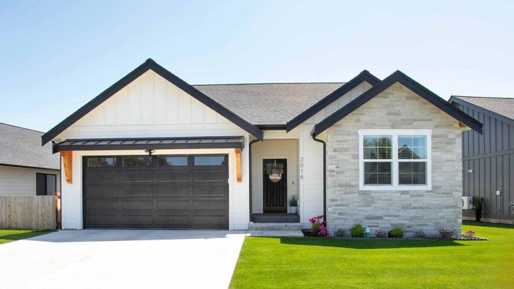 plans for first-time home buyers include family- and neighborhood-friendly homes like this modern farmhouse ranch