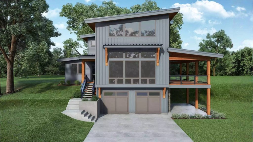 a drive-under modern house plan with large windows and volume living in front and a covered deck on the side