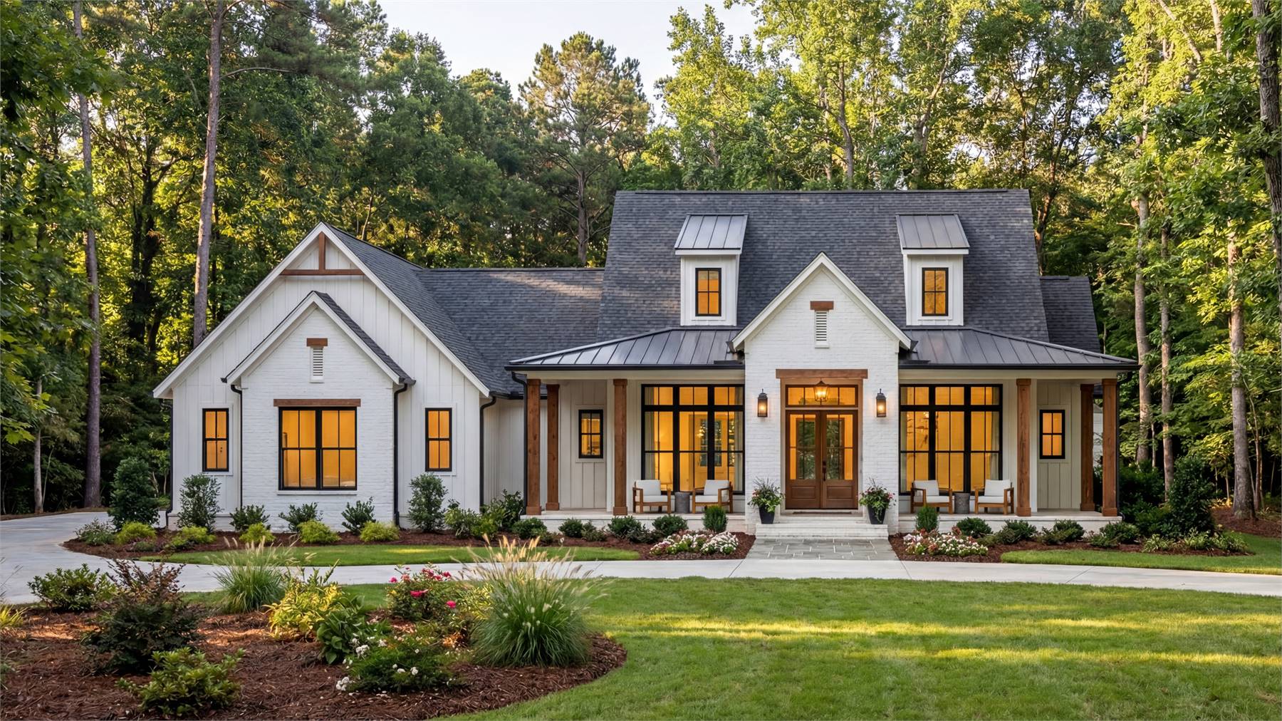 this beautiful ranch's curb appeal is enhanced by plants that you'll need to put in after homebuilding in the spring