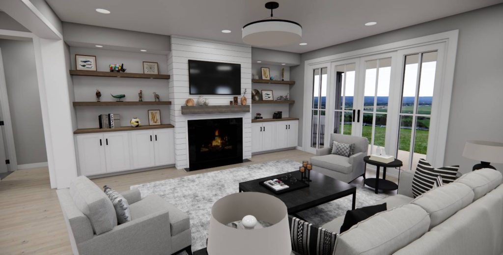 Modern farmhouse living room with fireplace, built-in shelving, recessed lighting, and large glass doors to outdoor views