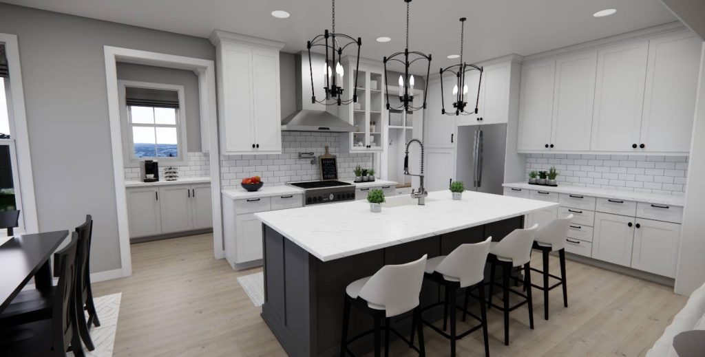 Modern farmhouse kitchen with large island seating, white cabinetry, pendant lighting, and open concept design