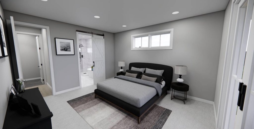Modern farmhouse primary bedroom with neutral decor, large windows, ensuite access, and sliding barn door