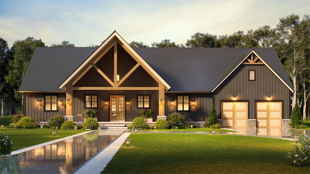 Modern farmhouse exterior with dark siding, wood accents, covered front porch, landscaped yard, and 2-car garage