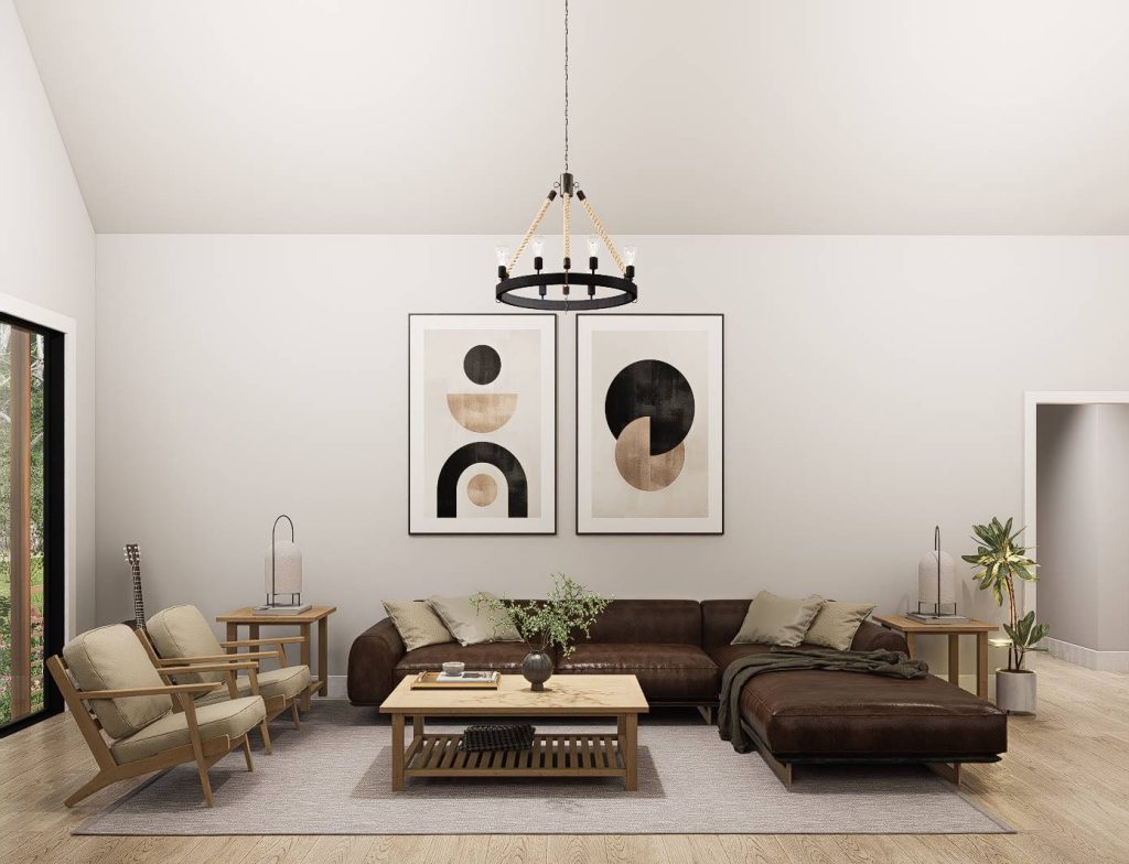 Modern farmhouse living room with vaulted ceiling, leather sectional sofa, neutral decor, wood accents, and open layout