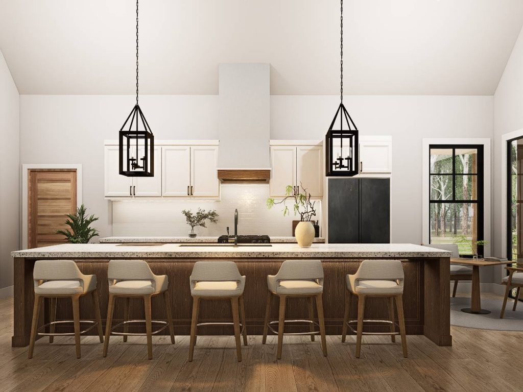 Modern farmhouse kitchen with large island seating, pendant lighting, white cabinets, wood accents, and open concept design