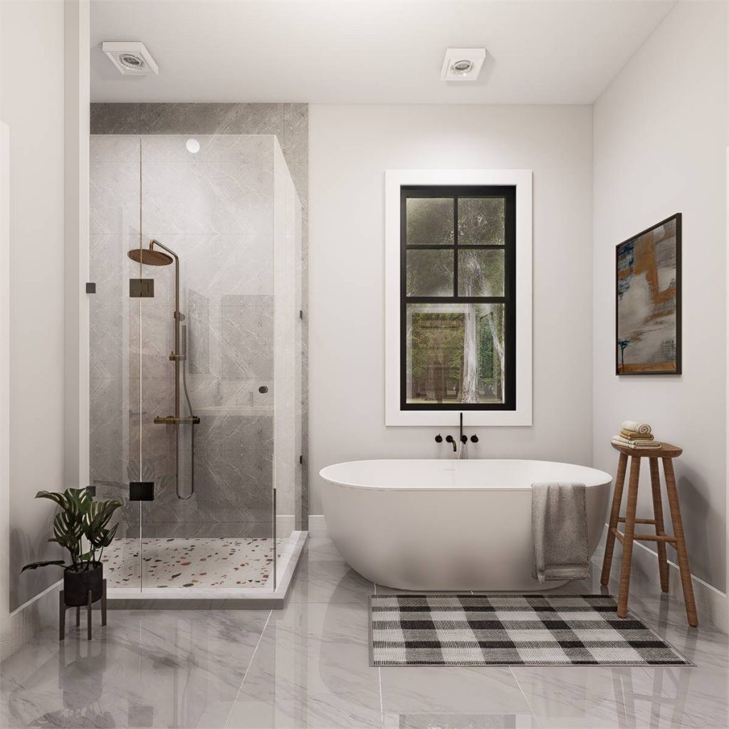 Modern farmhouse primary bathroom with freestanding tub, walk-in glass shower, neutral tile, and large window