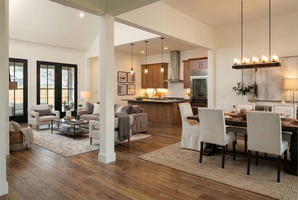 Modern farmhouse open concept living space with dining area, kitchen, wood cabinetry, pendant lighting, and large windows