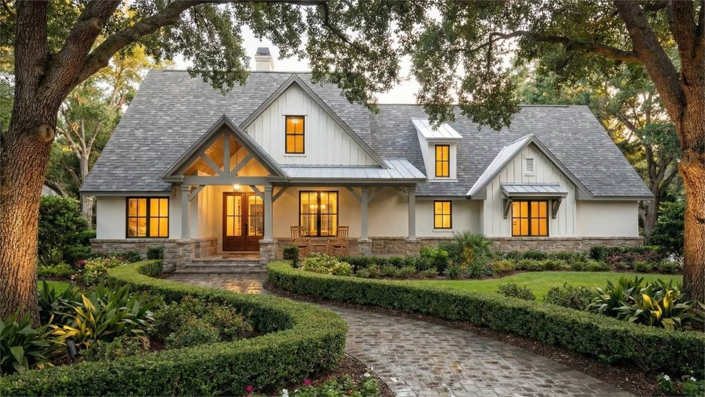 Modern farmhouse exterior with light siding, covered front porch, landscaped yard, curved walkway, and mature trees