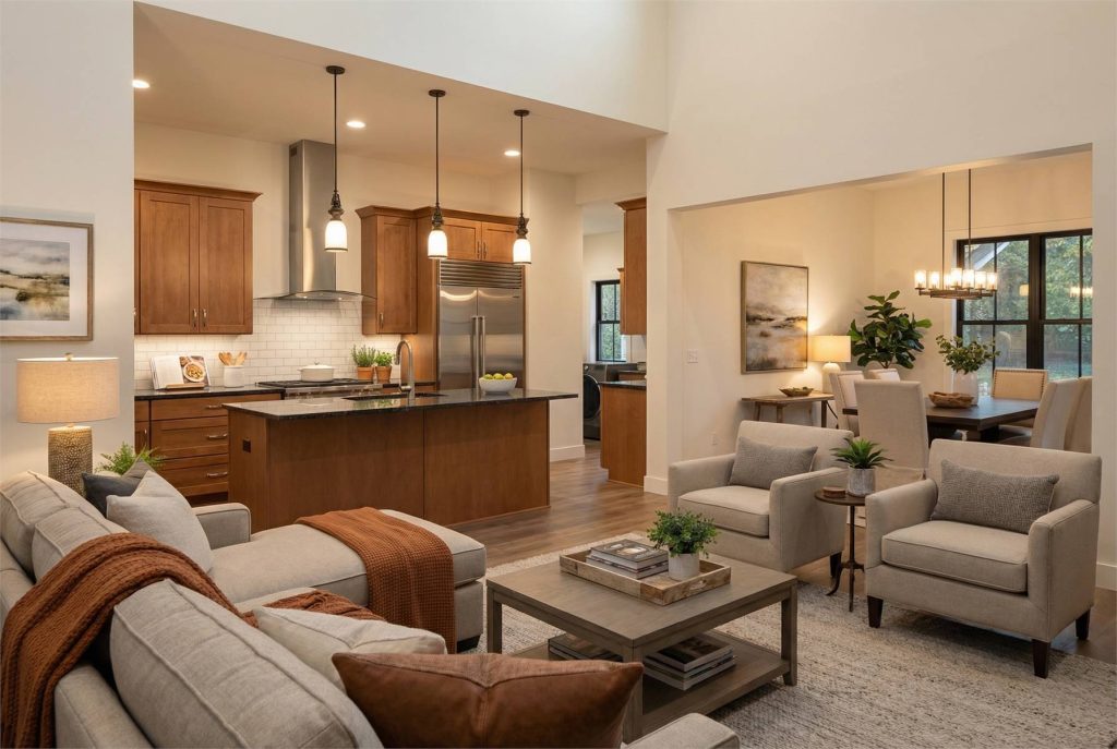 Modern farmhouse living room with vaulted ceilings, fireplace, neutral seating, and open layout connected to kitchen