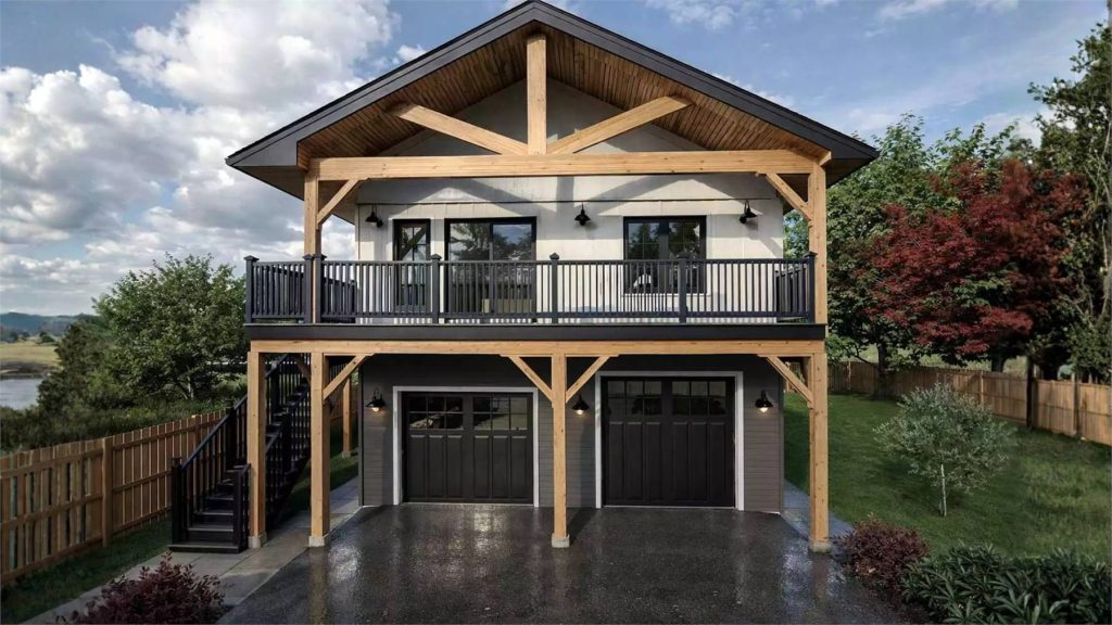 Elevated modern farmhouse plan 12474 with wraparound porch and drive-under garage