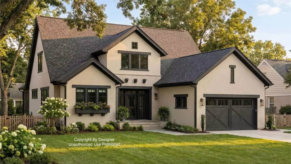 Modern farmhouse exterior with light siding, dark trim, front entry garage, landscaped yard, and covered entry porch