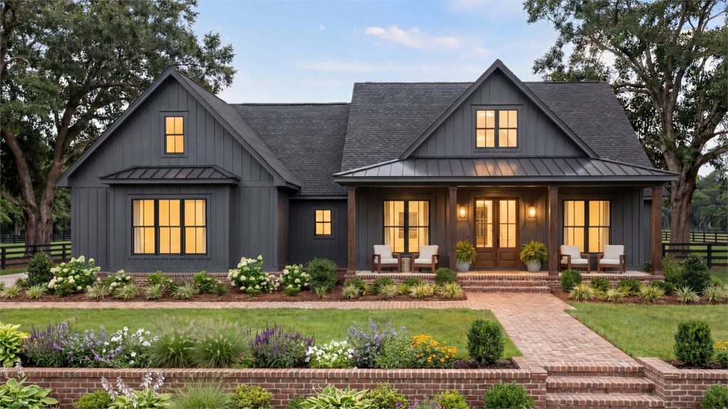 Modern farmhouse exterior with dark siding, wood accents, covered front porch, landscaped yard, and 2-car garage
