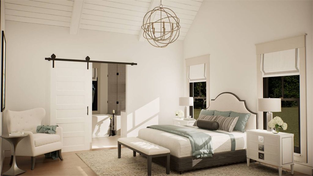 Modern farmhouse primary bathroom with freestanding tub, walk-in glass shower, neutral tile, and large window