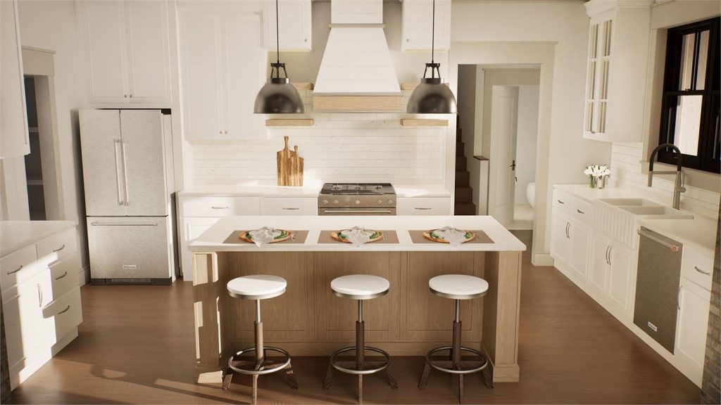 Modern farmhouse kitchen with large island seating, pendant lighting, white cabinets, wood accents, and open concept design