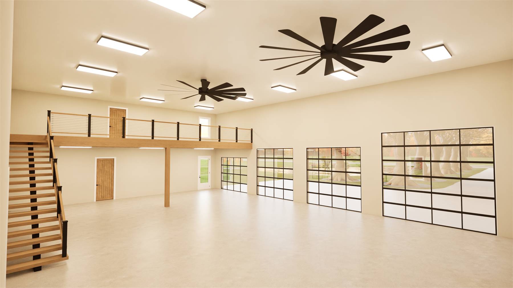 Interior rendering of House Plan 11797 featuring a large modern garage and workshop space with oversized glass garage doors, loft overlook, open staircase, high ceilings, and industrial-style ceiling fans.
