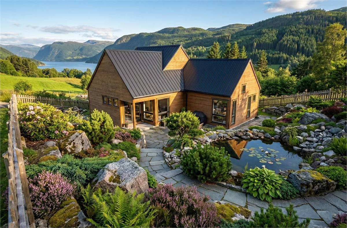 Rear exterior rendering of House Plan 12636, a modern mountain home featuring warm wood siding, black standing-seam metal roofs, expansive windows, landscaped gardens, a tranquil pond, and scenic mountain and lake views.