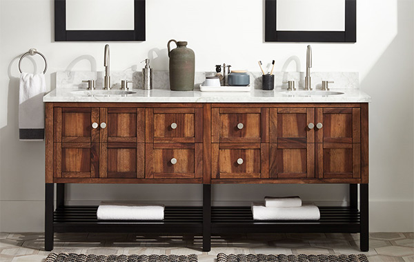 A Stunning His-and-Hers Vanity with Sleek Faucets, Cabinet Hardware, and a Towel Ring