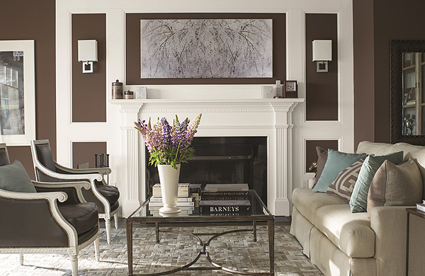 A Formal Living Space with Dark Neutral Walls in an Eggshell Finish with Light Satin Trim That Pops