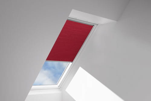 Pleated Room-Darkening Skylight Blinds in a Deep Red Color
