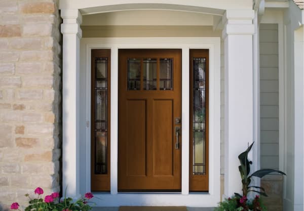 A Wood-Look Craftsman-Inspired Entry with Sidelites and Decorative Glass