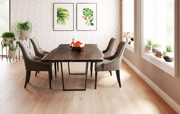 A Dining Room Featuring Buff-Colored Hardwood in a Beautiful Wide-Plank Format
