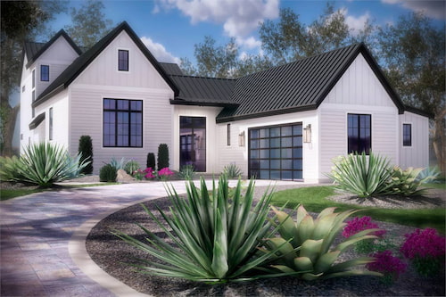 A Unique Modern Farmhouse with Split Bedrooms Designed to Include a Side Courtyard