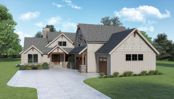 A Luxury Craftsman for a Corner Lot with a Front Side-Entry Garage, Split Bedrooms, and an Office