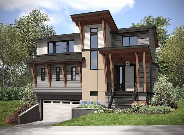 A Three-Level Modern Home with a Drive-Under Garage, Four Bedrooms, Open Living, and a Deck