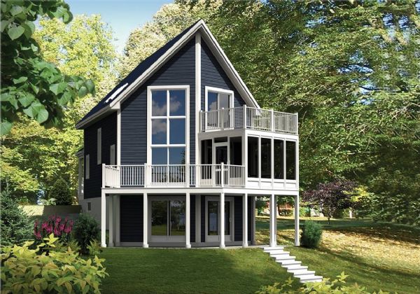 A Small Lakehouse for a Slope with Three Bedrooms, Large Windows, and Decks on Two Levels