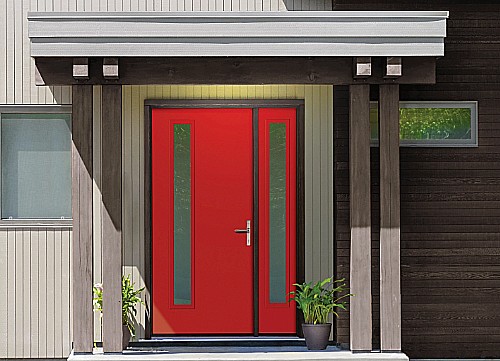 A Bright Red Modern Entry Door with a Long Linear Lite