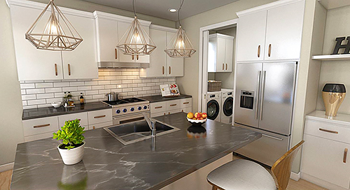The Island Kitchen and Nearby Laundry Room in a Compact, Budget-Friendly Farmhouse